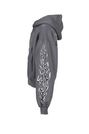 LEATHER FLAME HOODED ZIP-UP / GRY