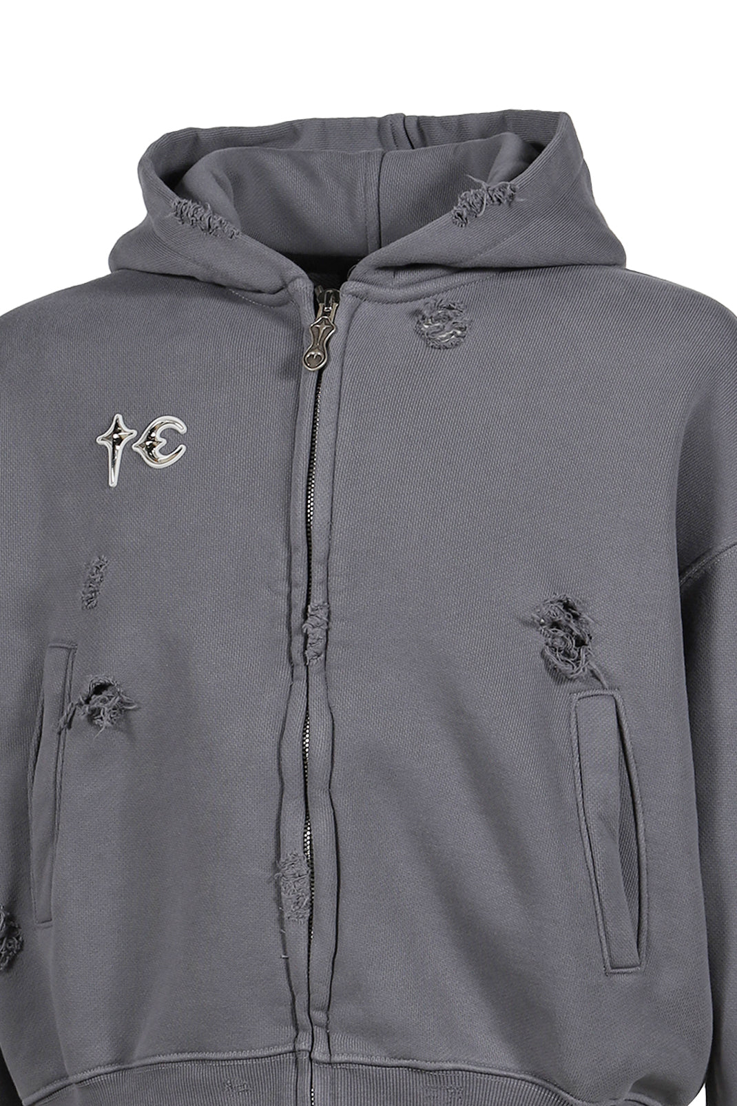 LEATHER FLAME HOODED ZIP-UP / GRY