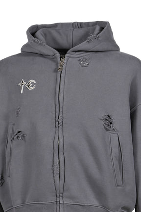 LEATHER FLAME HOODED ZIP-UP / GRY