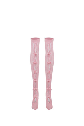 PINK BOWNOT BLACK LACE MID-CALF SOCKS / PNK