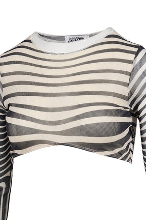 Jean Paul Gaultier RE-EDITION : CROPPED TOP LONG SLEEVES CREW NECK "MORPHING STRIPES" / ECR/NVY