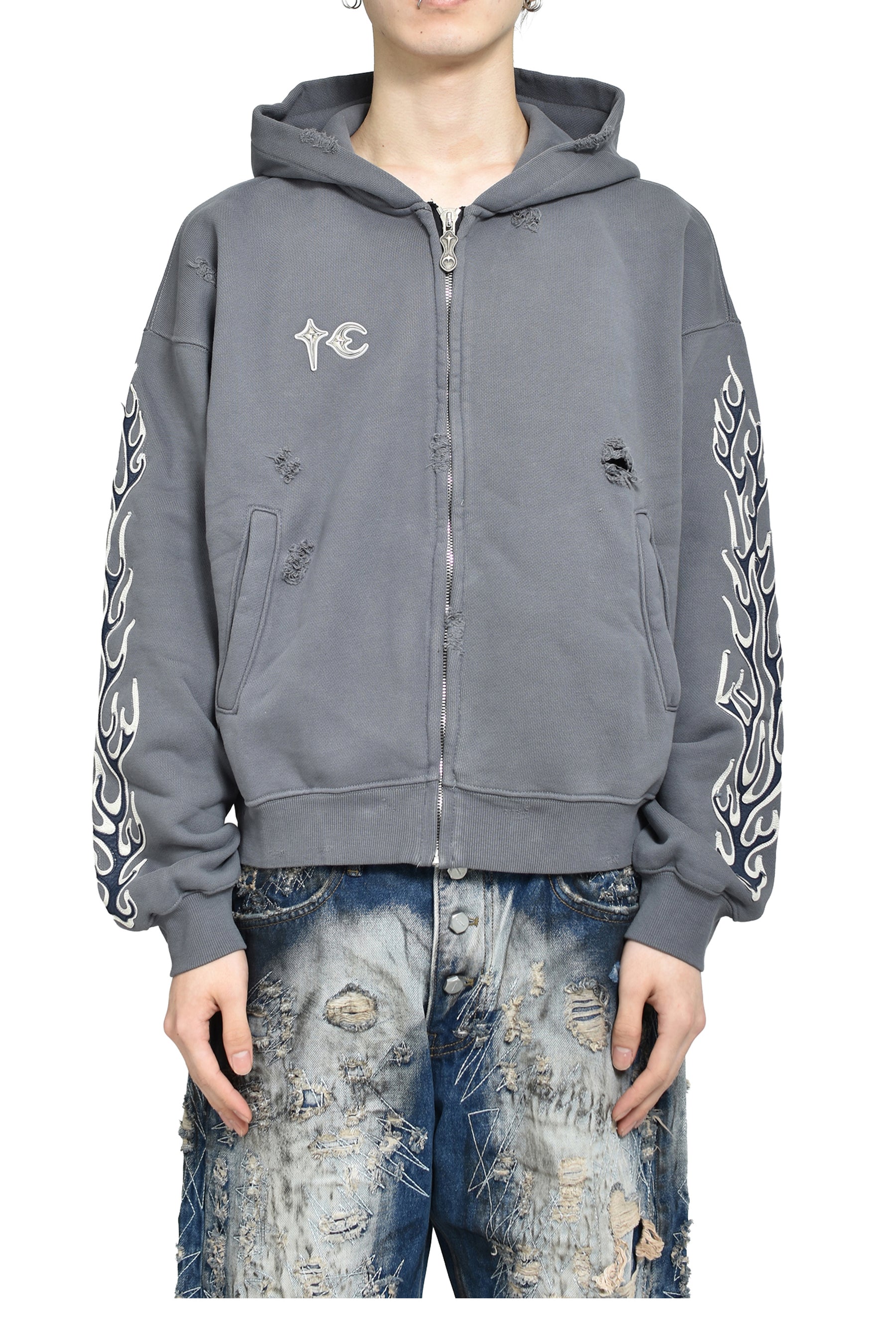 LEATHER FLAME HOODED ZIP-UP / GRY