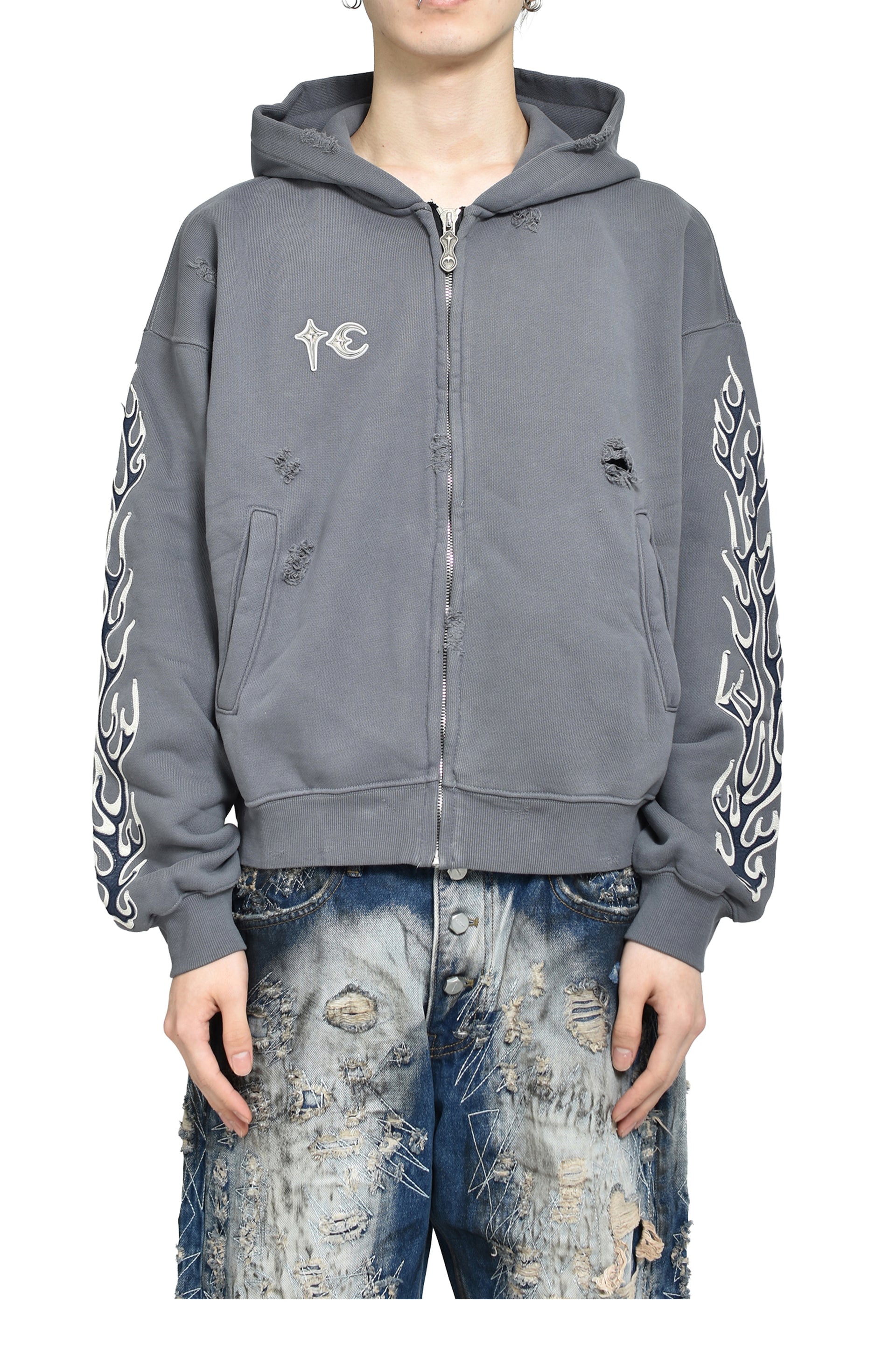 LEATHER FLAME HOODED ZIP-UP / GRY