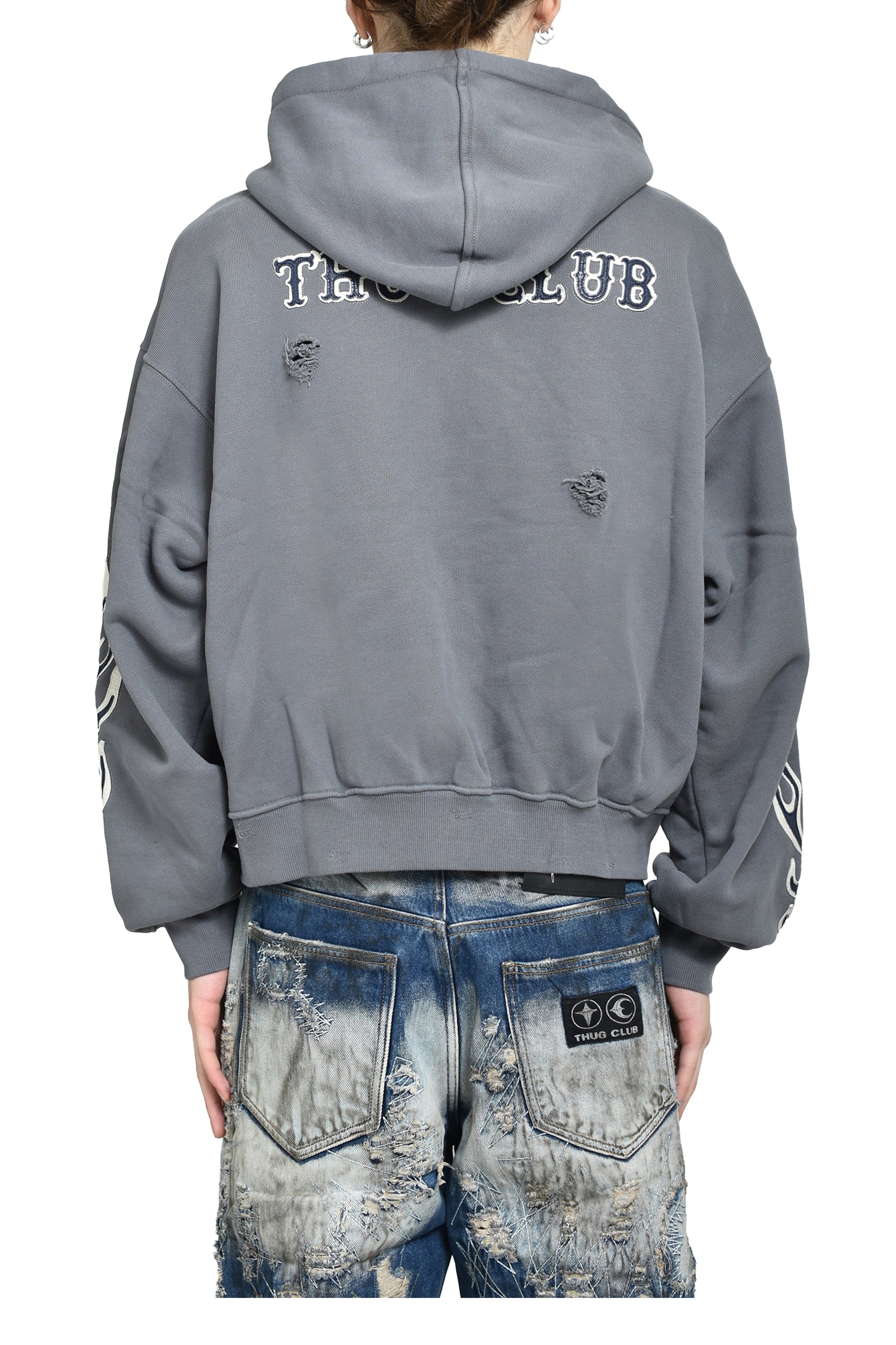 LEATHER FLAME HOODED ZIP-UP / GRY