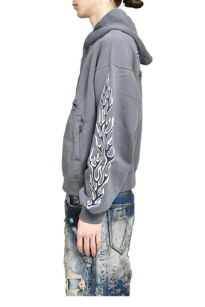 LEATHER FLAME HOODED ZIP-UP / GRY