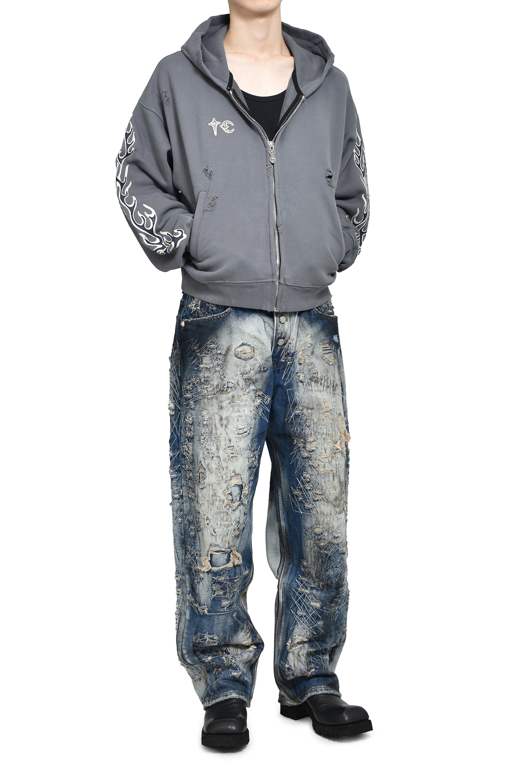 LEATHER FLAME HOODED ZIP-UP / GRY