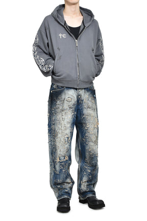 LEATHER FLAME HOODED ZIP-UP / GRY