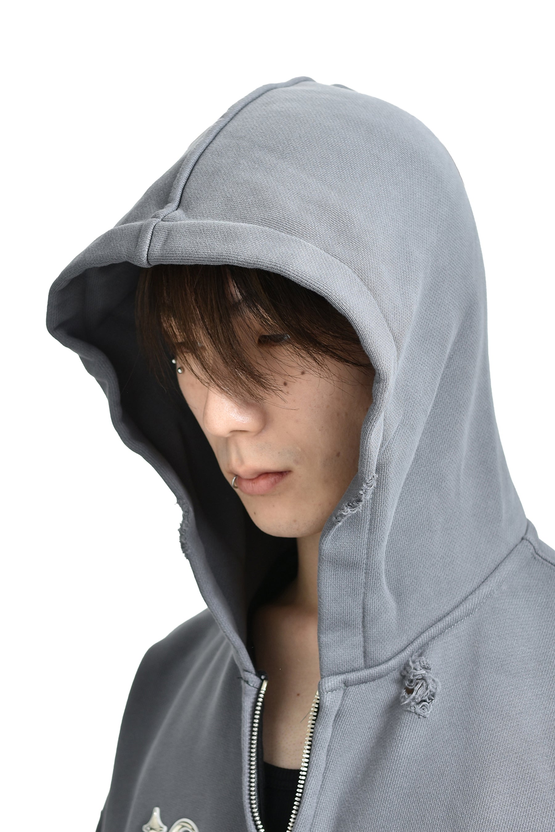 LEATHER FLAME HOODED ZIP-UP / GRY