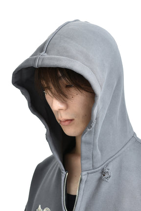 LEATHER FLAME HOODED ZIP-UP / GRY