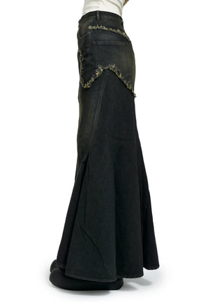DAMAGE DENIM MAXI SKIRT / BLK