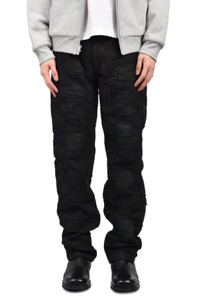 BLACKMEANS BLACK OVERDYED BORO PATCHWORK STRAIGHT JEAN / BLK BORO