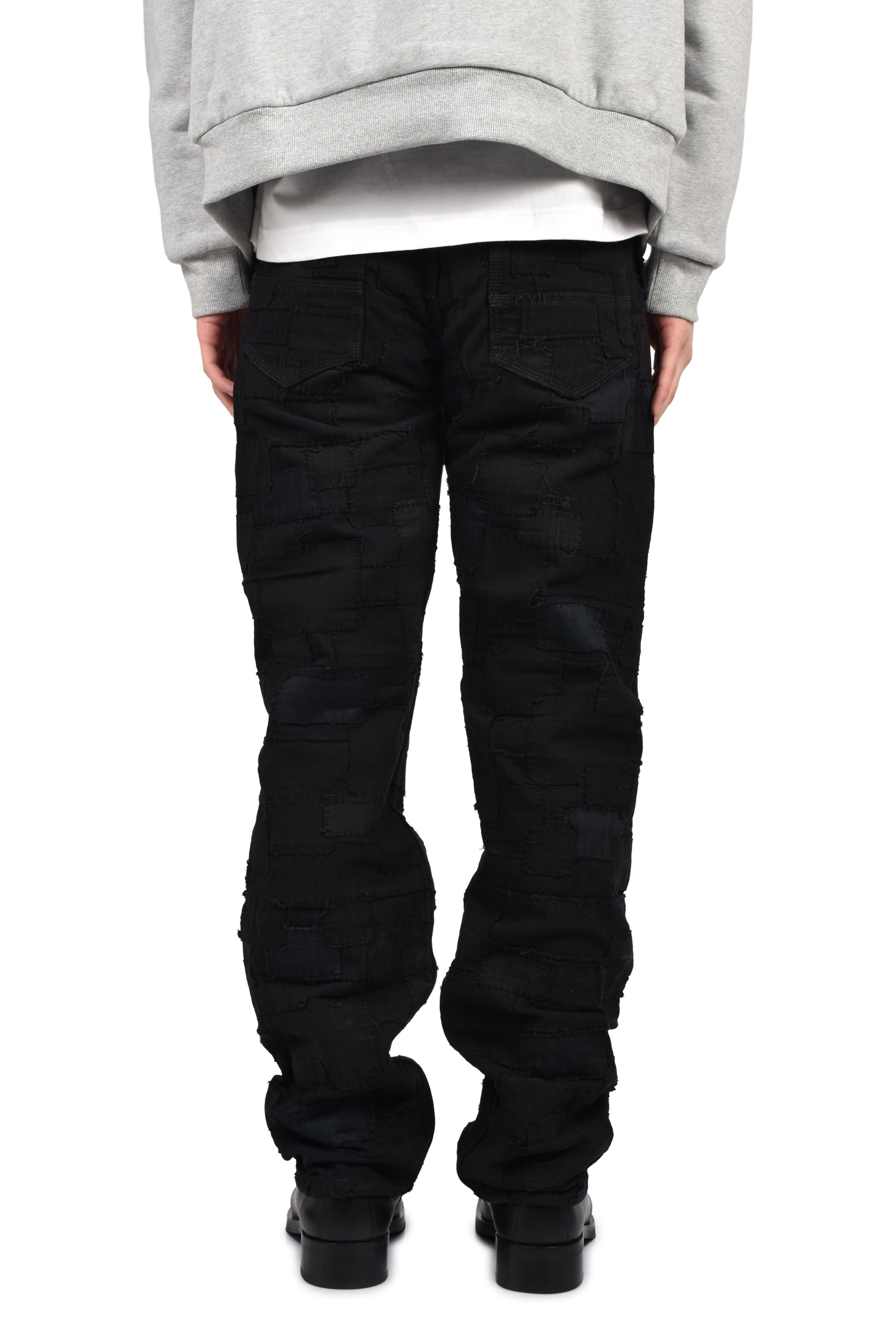 BLACKMEANS BLACK OVERDYED BORO PATCHWORK STRAIGHT JEAN / BLK BORO