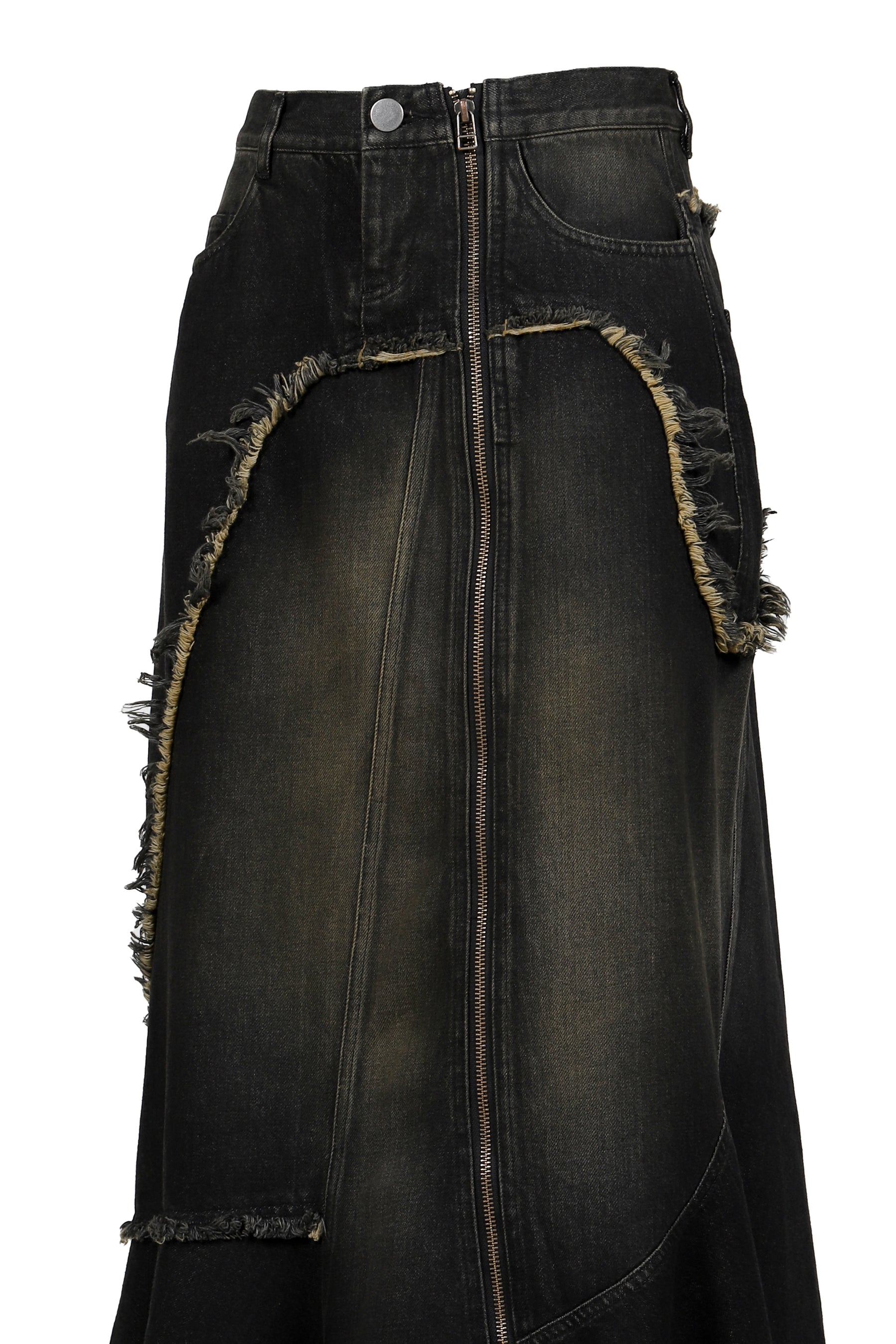 DAMAGE DENIM MAXI SKIRT / BLK