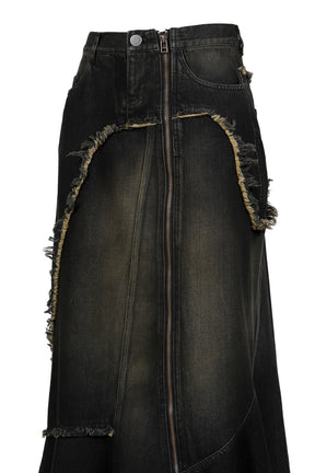 DAMAGE DENIM MAXI SKIRT / BLK