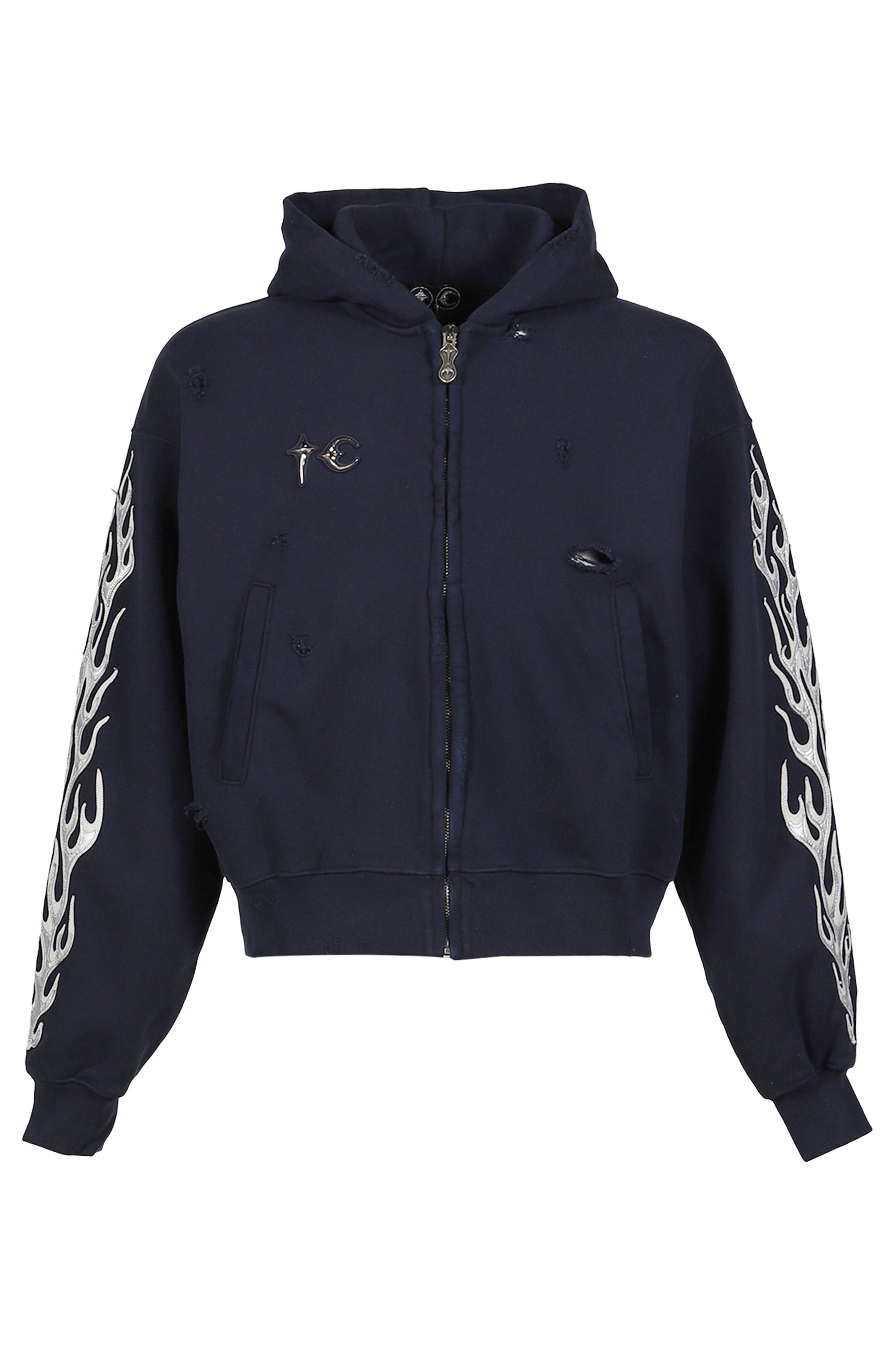 LEATHER FLAME HOODED ZIP-UP / NVY