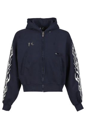 LEATHER FLAME HOODED ZIP-UP / NVY