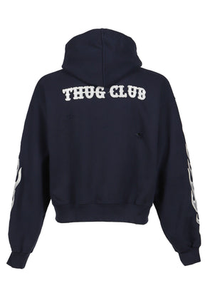 LEATHER FLAME HOODED ZIP-UP / NVY