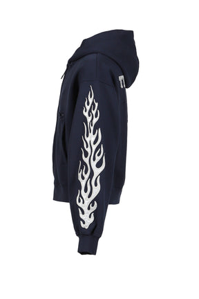 LEATHER FLAME HOODED ZIP-UP / NVY