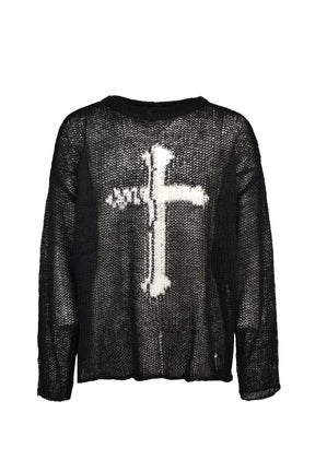 CROSS SEE-THROUGH KNIT SWEATER / BLK