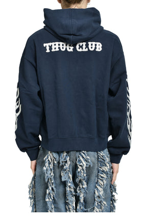 LEATHER FLAME HOODED ZIP-UP / NVY