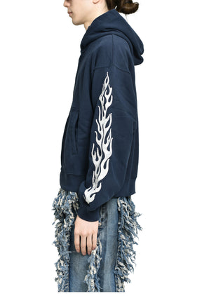 LEATHER FLAME HOODED ZIP-UP / NVY