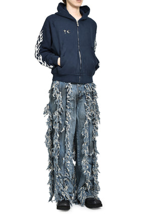 LEATHER FLAME HOODED ZIP-UP / NVY