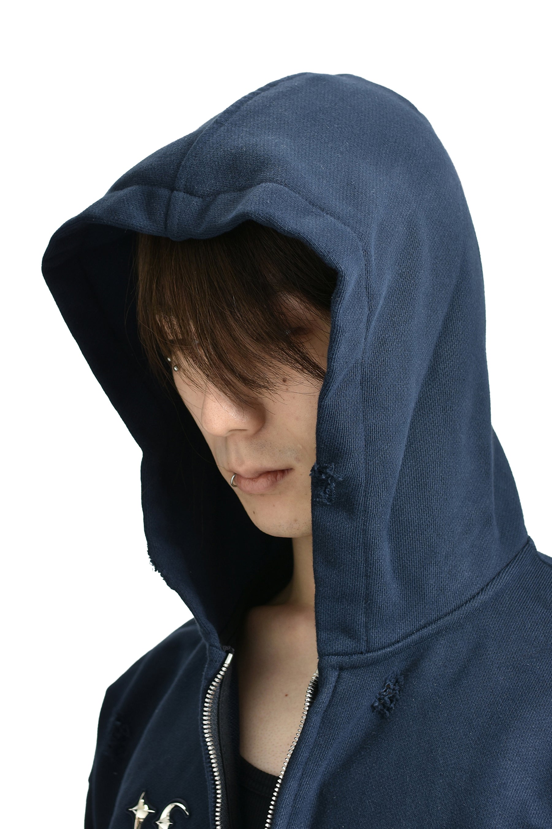 LEATHER FLAME HOODED ZIP-UP / NVY