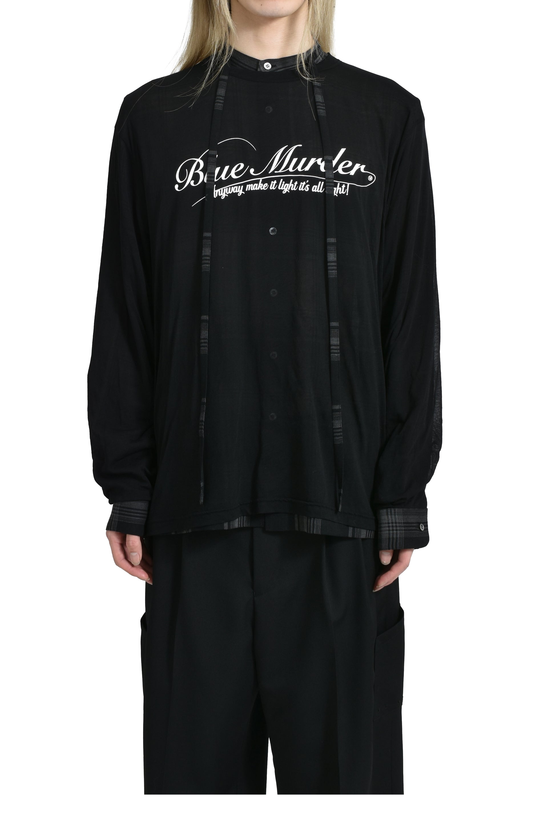 DAIRIKU SKELTON LAYERED CHECK TIE SHIRT / BLK&GRY