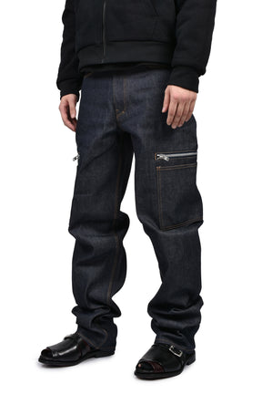 BLUE RAW JAPANESE DENIM ZIP POCKET WORK JEANS / RAW BLU
