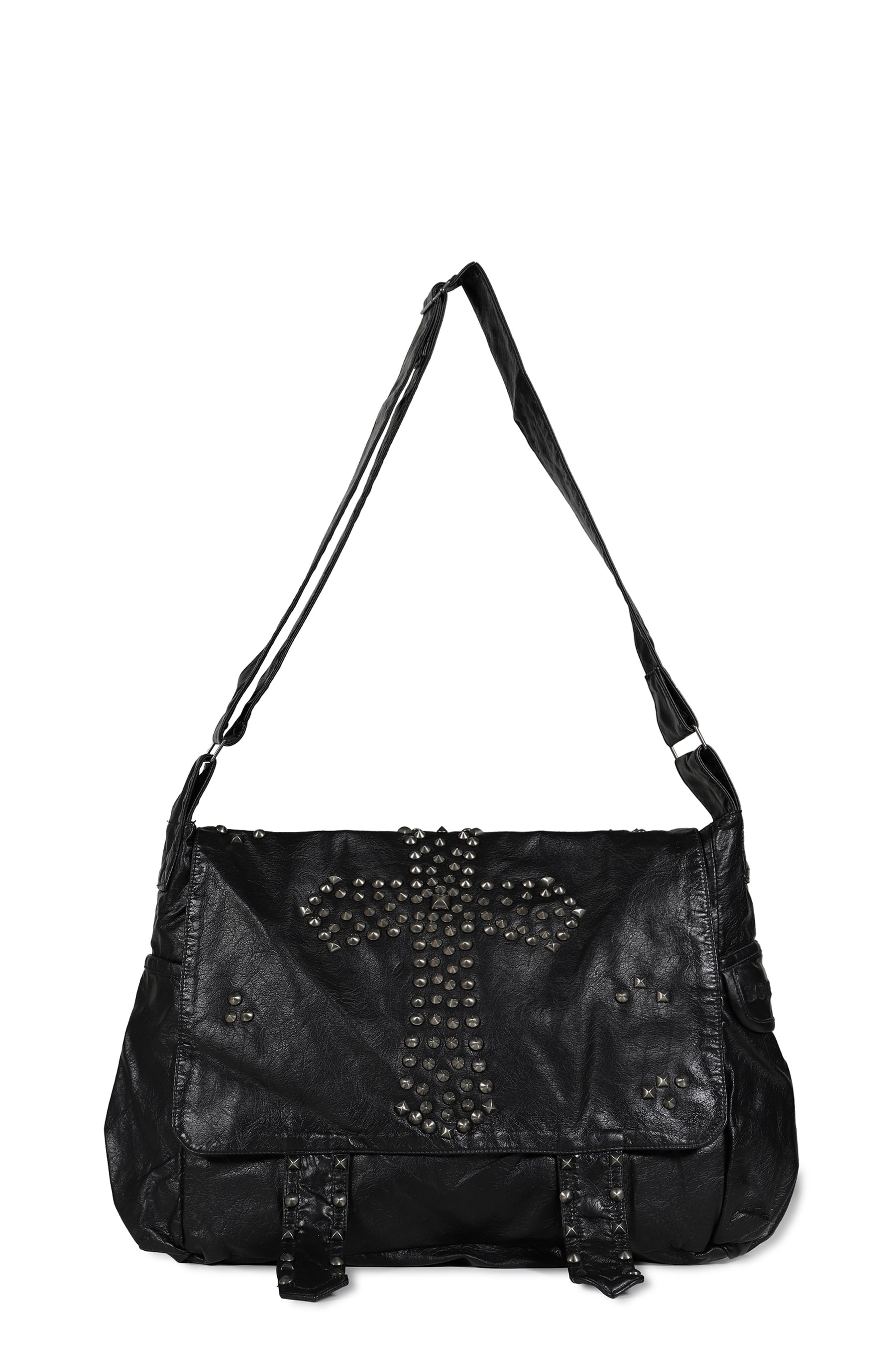 STUDDED PU MESSENGER BAG / BLK