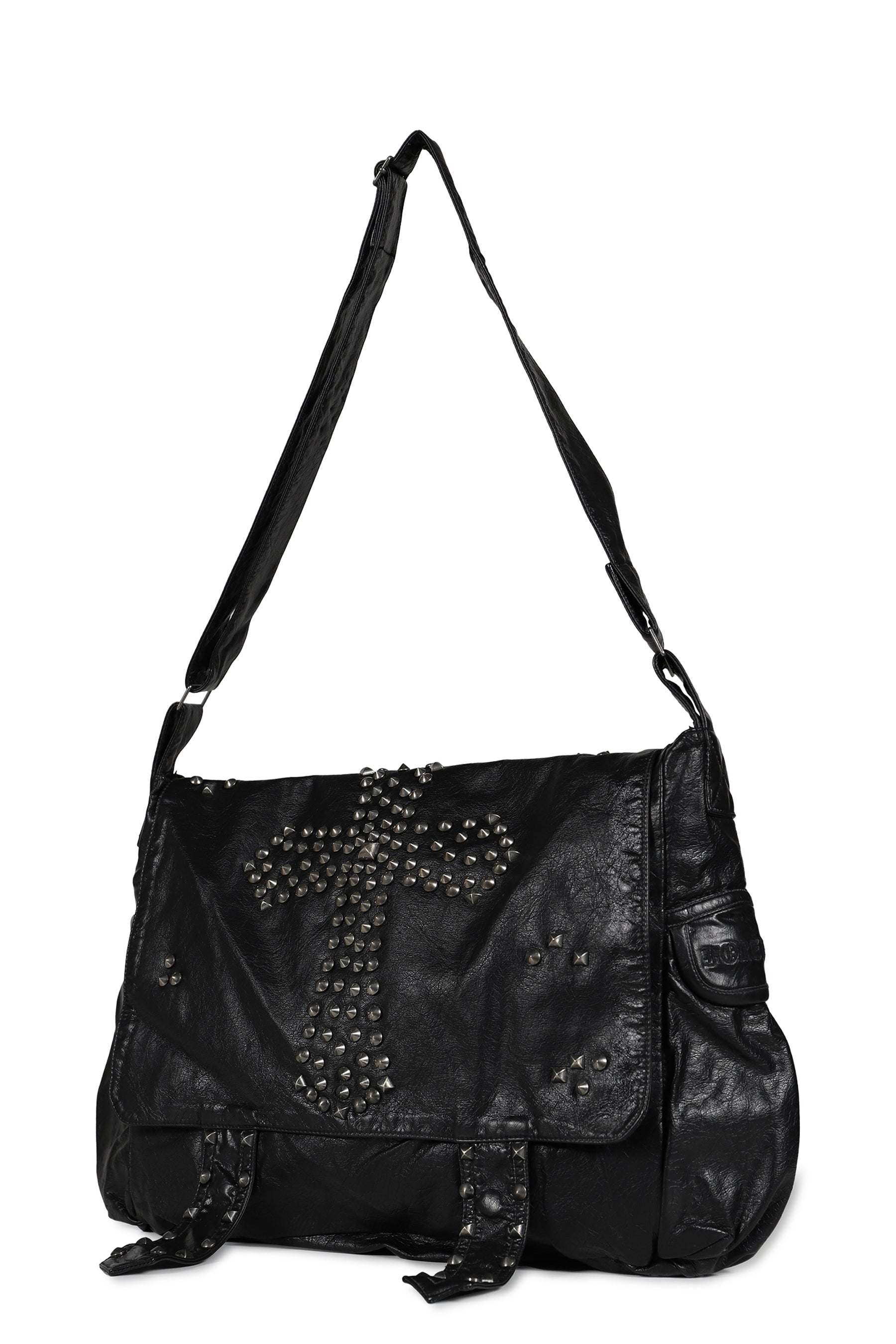STUDDED PU MESSENGER BAG / BLK