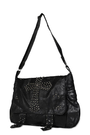 STUDDED PU MESSENGER BAG / BLK