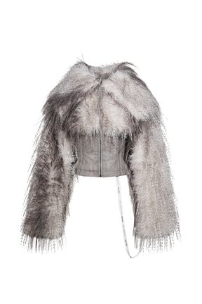 FAUX FEATHER AND PU LACE UP JACKET / WHT BRWN