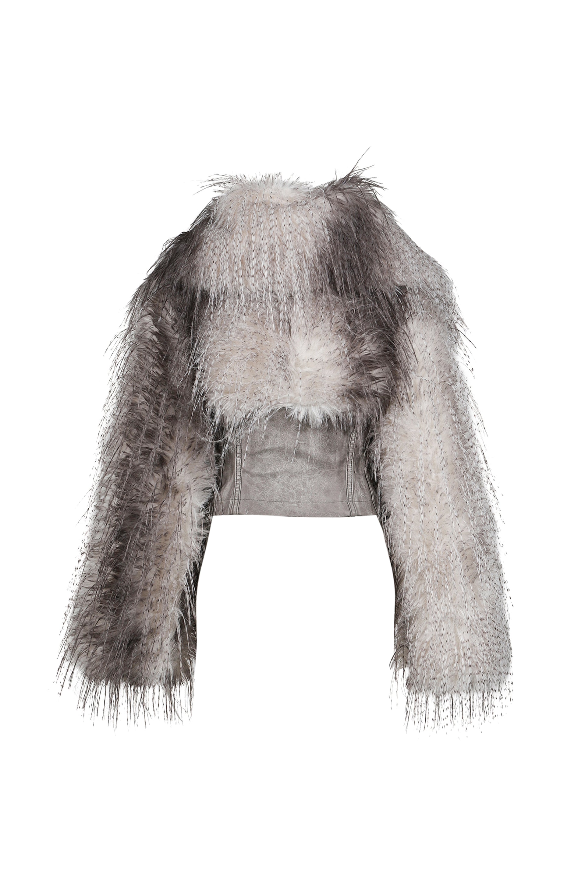 FAUX FEATHER AND PU LACE UP JACKET / WHT BRWN