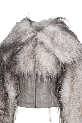 FAUX FEATHER AND PU LACE UP JACKET / WHT BRWN