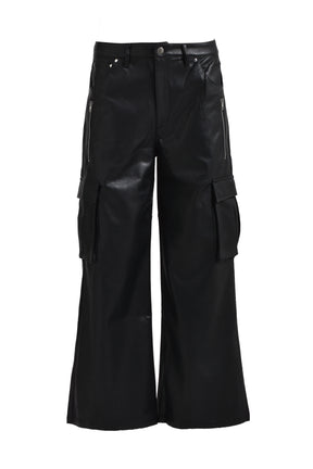 BAGGY LEATHER CARGO PANTS / BLK