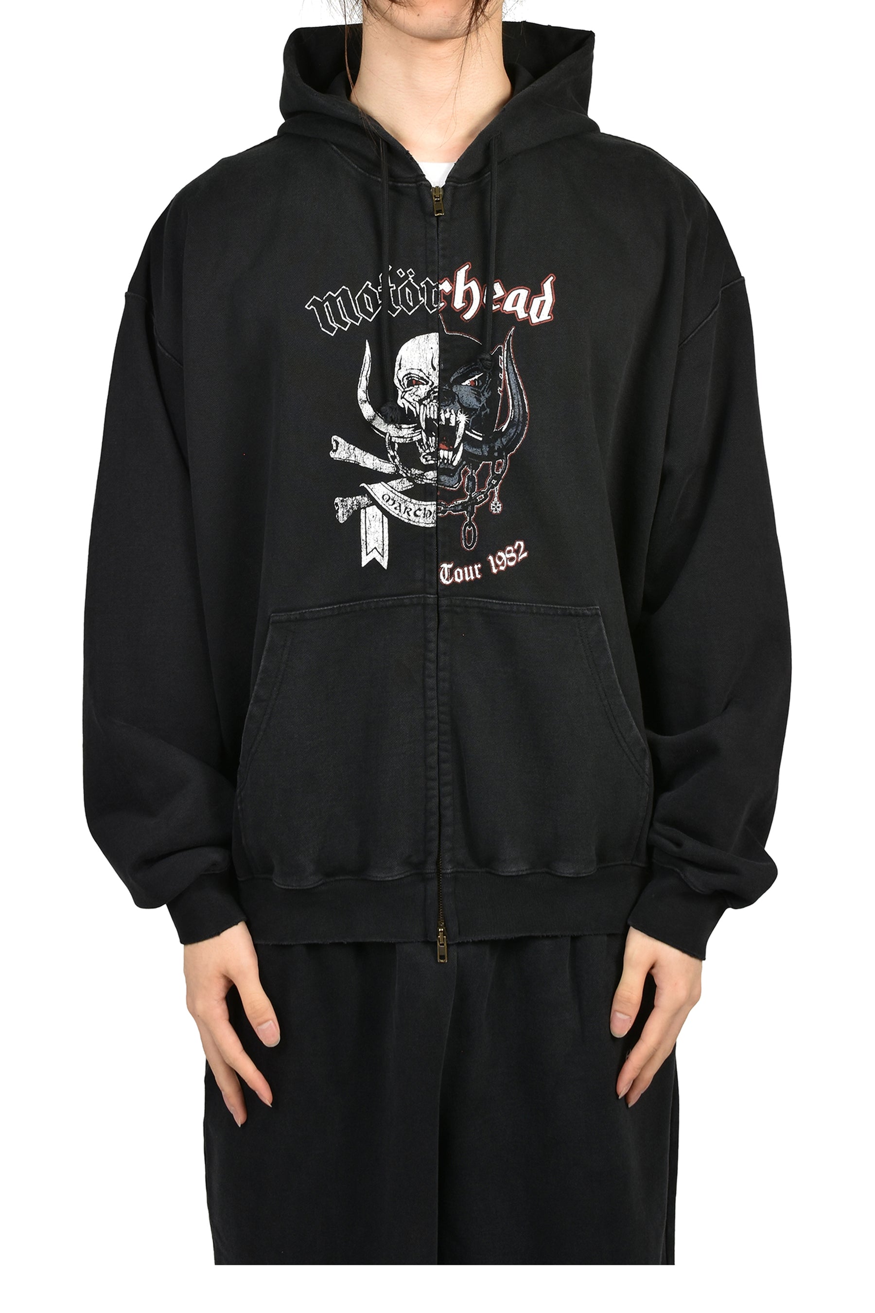VETEMENTSXMOTORHEAD DOUBLE GRAPHIC ZIP-UP HOODIE / WASHED BLK