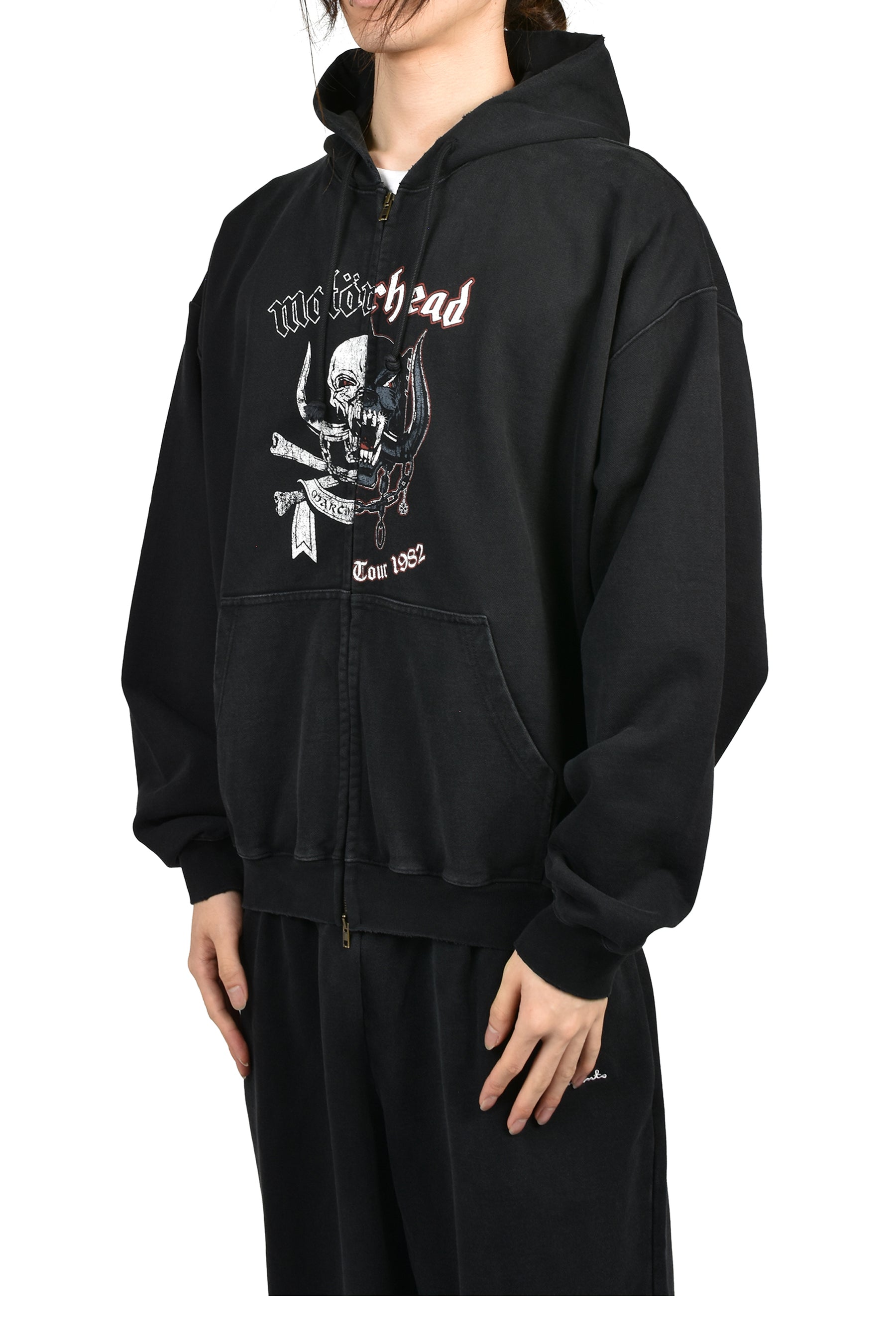 VETEMENTSXMOTORHEAD DOUBLE GRAPHIC ZIP-UP HOODIE / WASHED BLK
