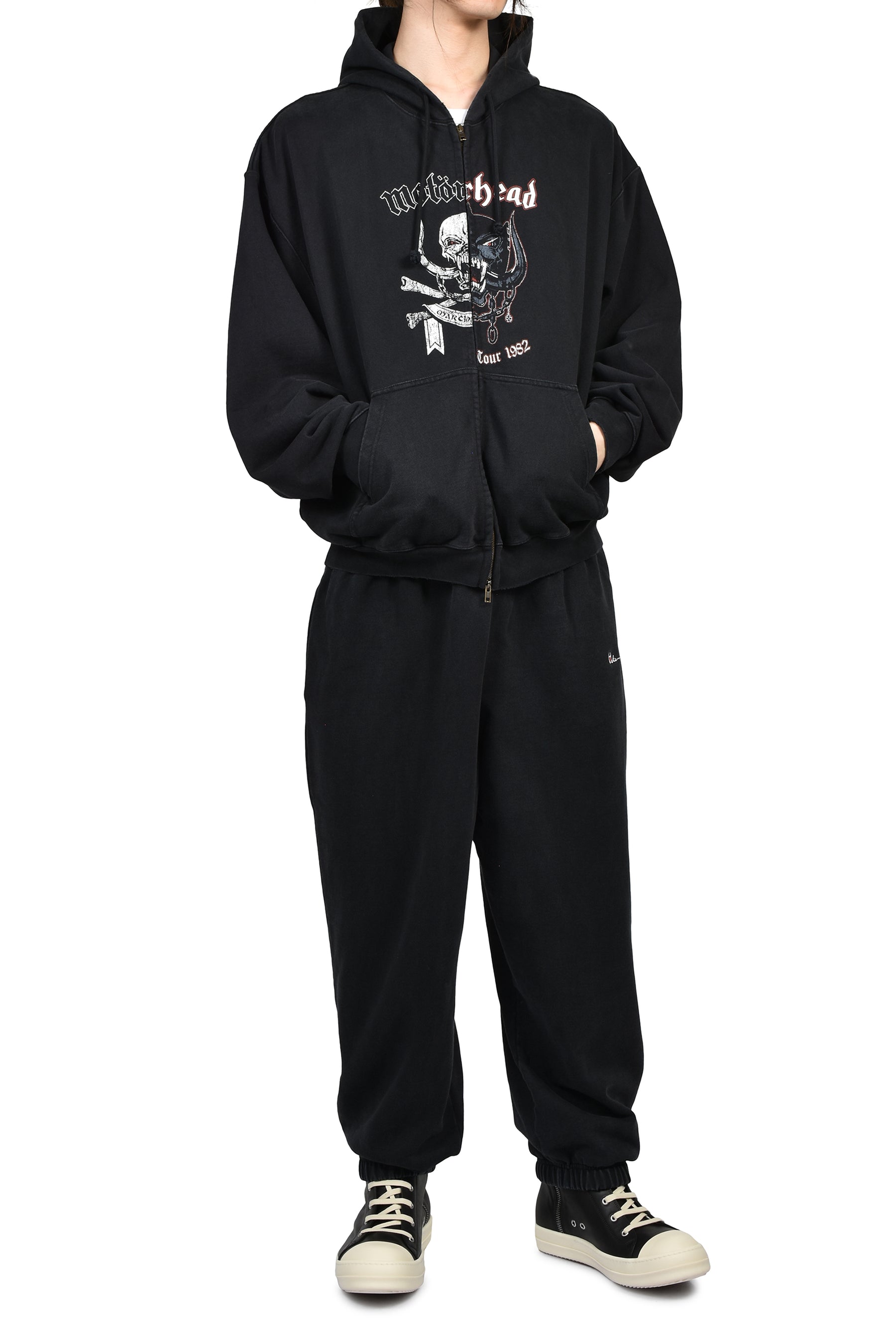 VETEMENTSXMOTORHEAD DOUBLE GRAPHIC ZIP-UP HOODIE / WASHED BLK
