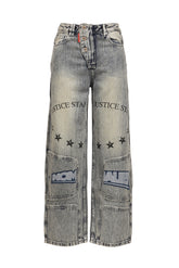 MILITARY BADGE PRINTED WASHED DENIM JEANS / DENIM