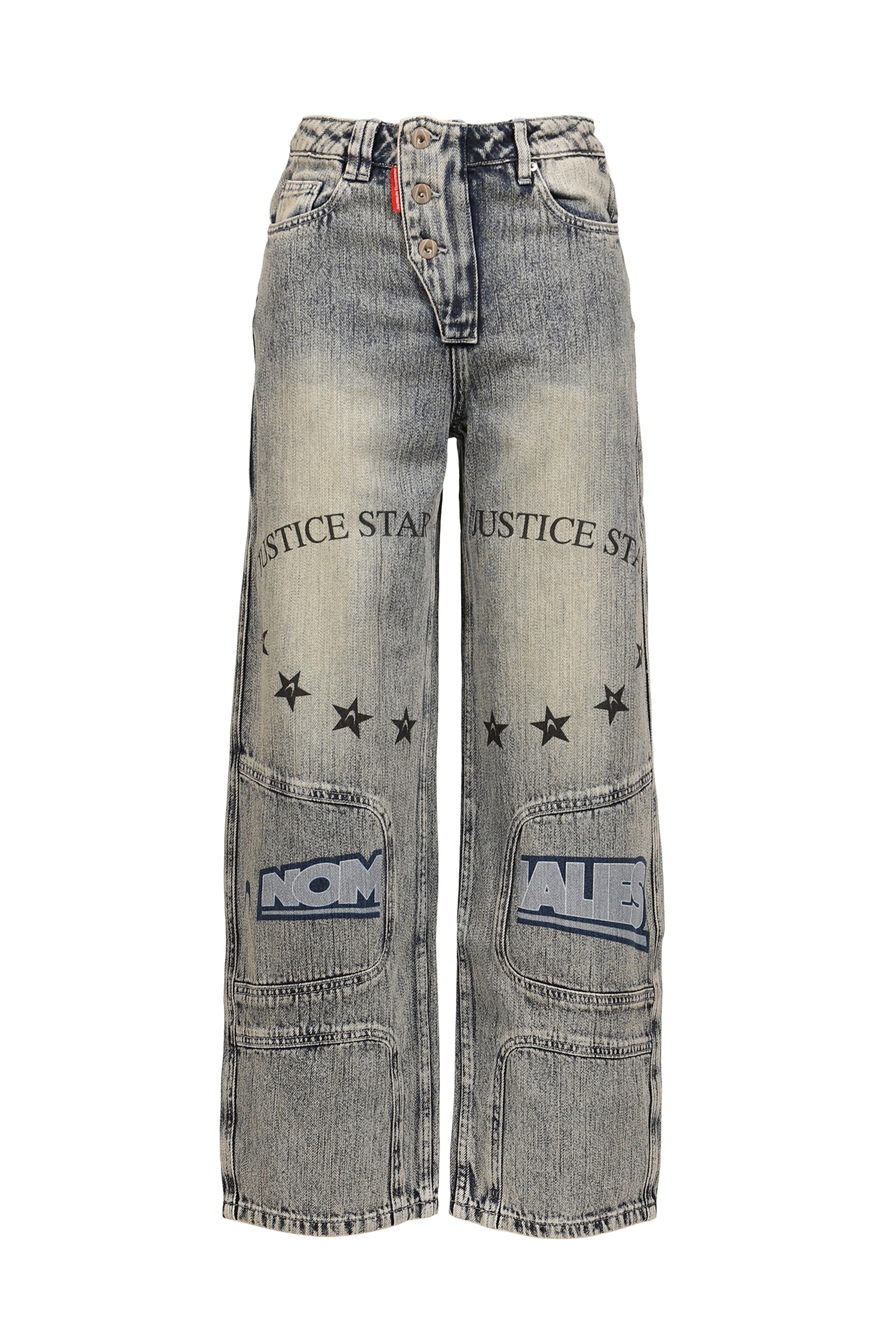 MILITARY BADGE PRINTED WASHED DENIM JEANS / DENIM