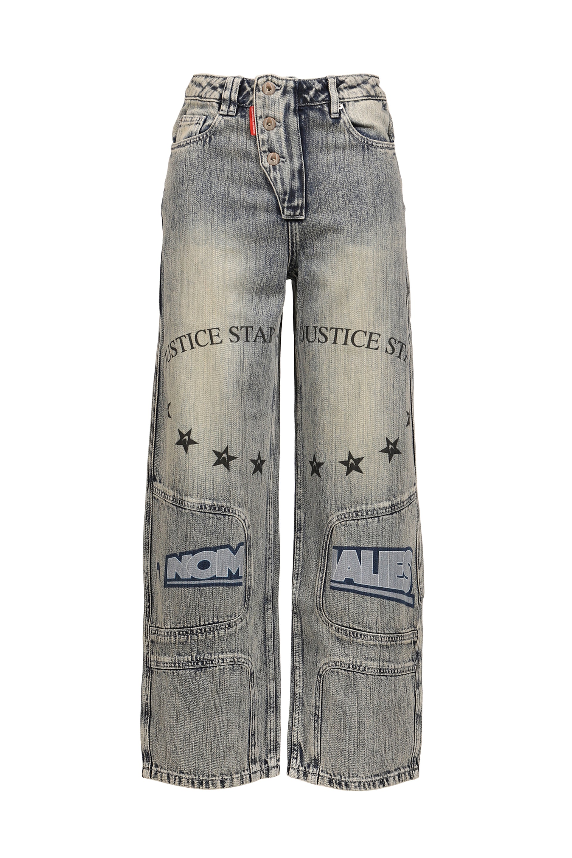 MILITARY BADGE PRINTED WASHED DENIM JEANS / DENIM