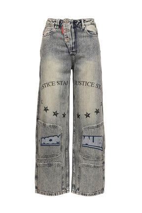 MILITARY BADGE PRINTED WASHED DENIM JEANS / DENIM