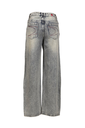 MILITARY BADGE PRINTED WASHED DENIM JEANS / DENIM