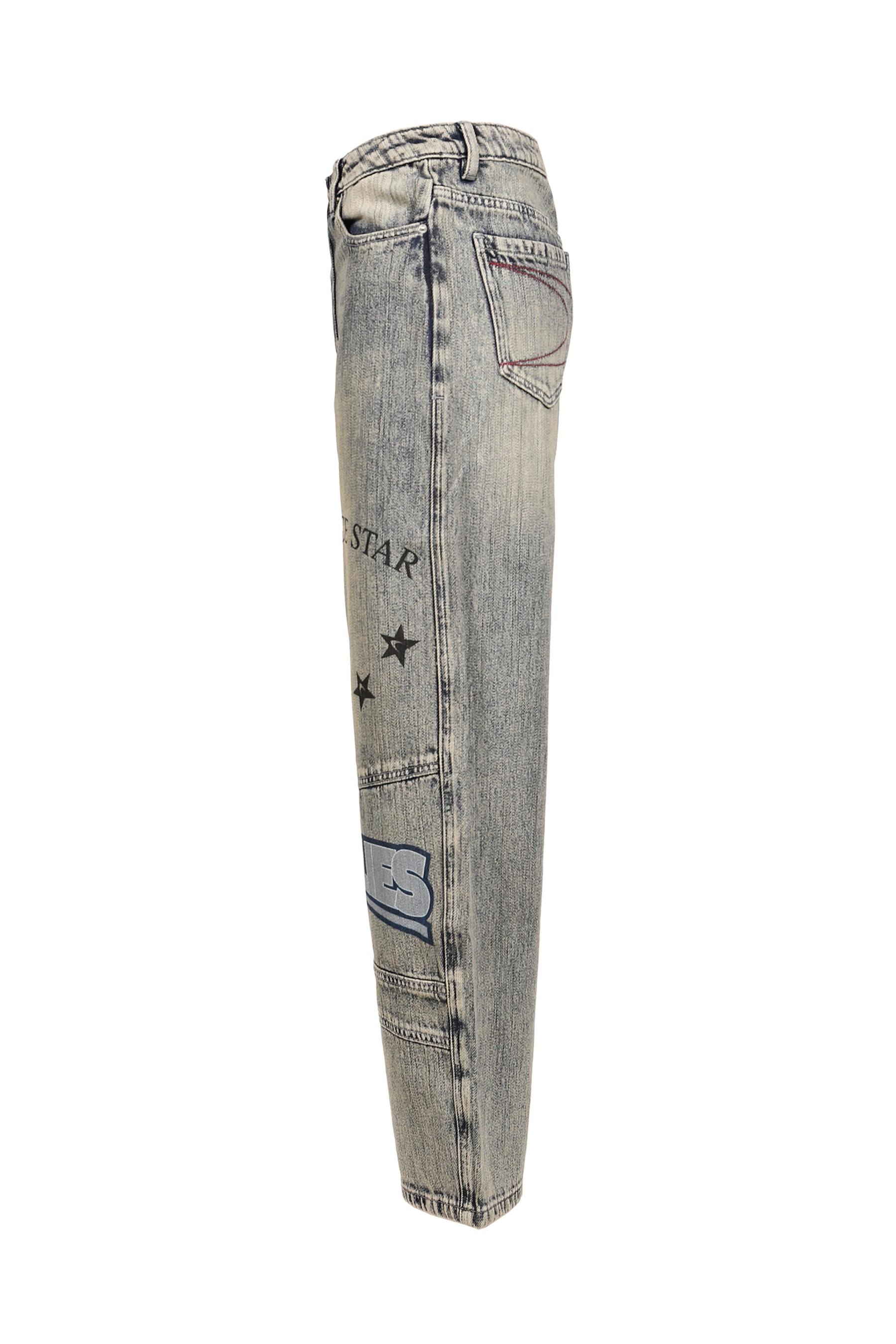 MILITARY BADGE PRINTED WASHED DENIM JEANS / DENIM