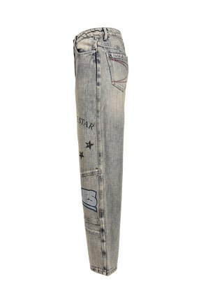 MILITARY BADGE PRINTED WASHED DENIM JEANS / DENIM