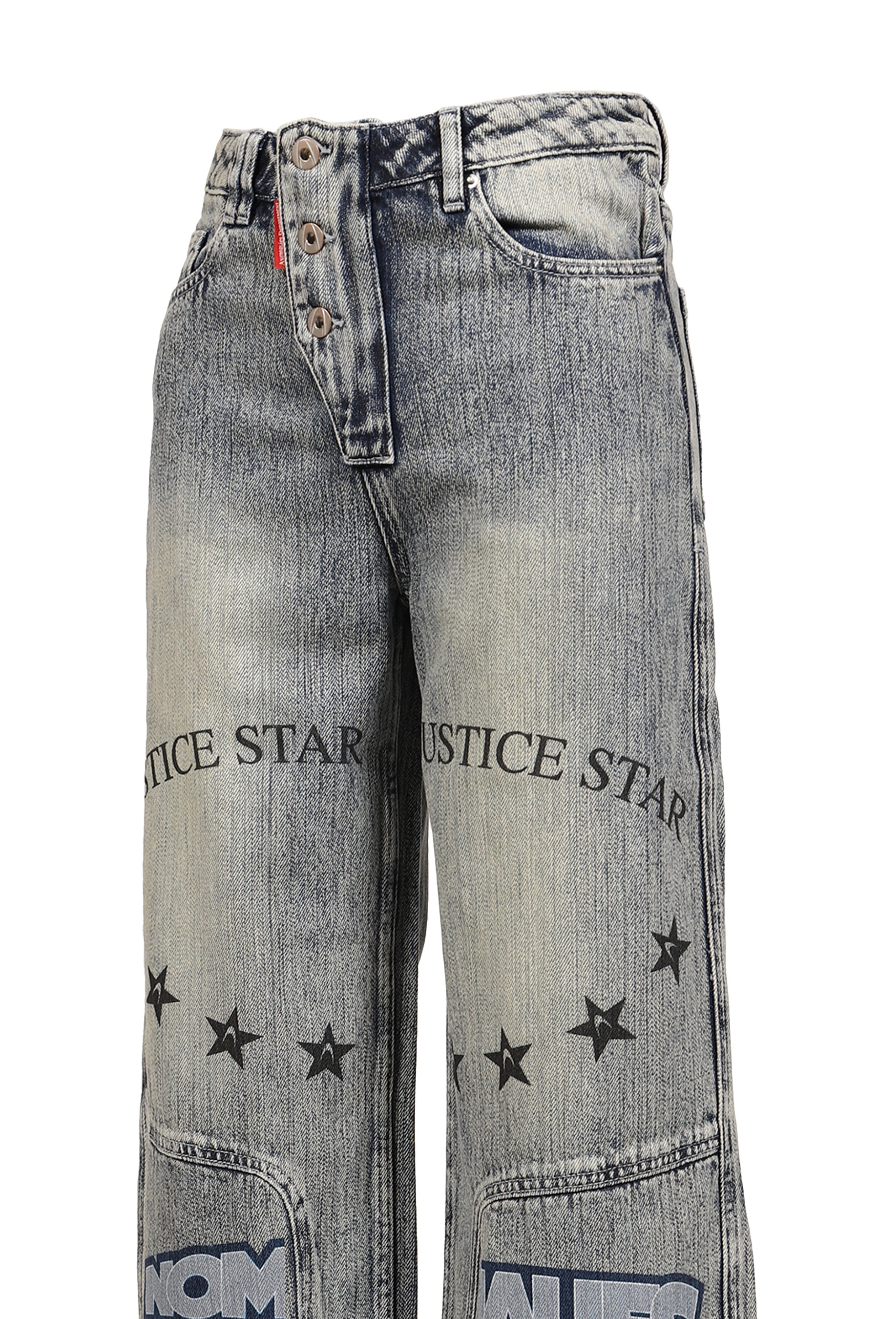 MILITARY BADGE PRINTED WASHED DENIM JEANS / DENIM