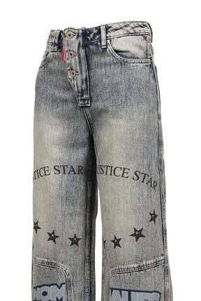 MILITARY BADGE PRINTED WASHED DENIM JEANS / DENIM