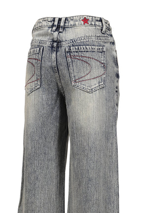 MILITARY BADGE PRINTED WASHED DENIM JEANS / DENIM