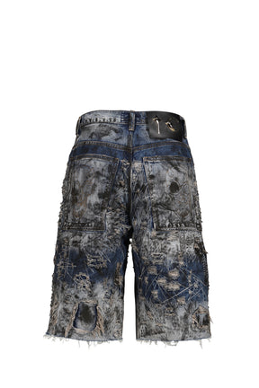 HARD WASHED DESTROYED DENIM SHORTS / BLU